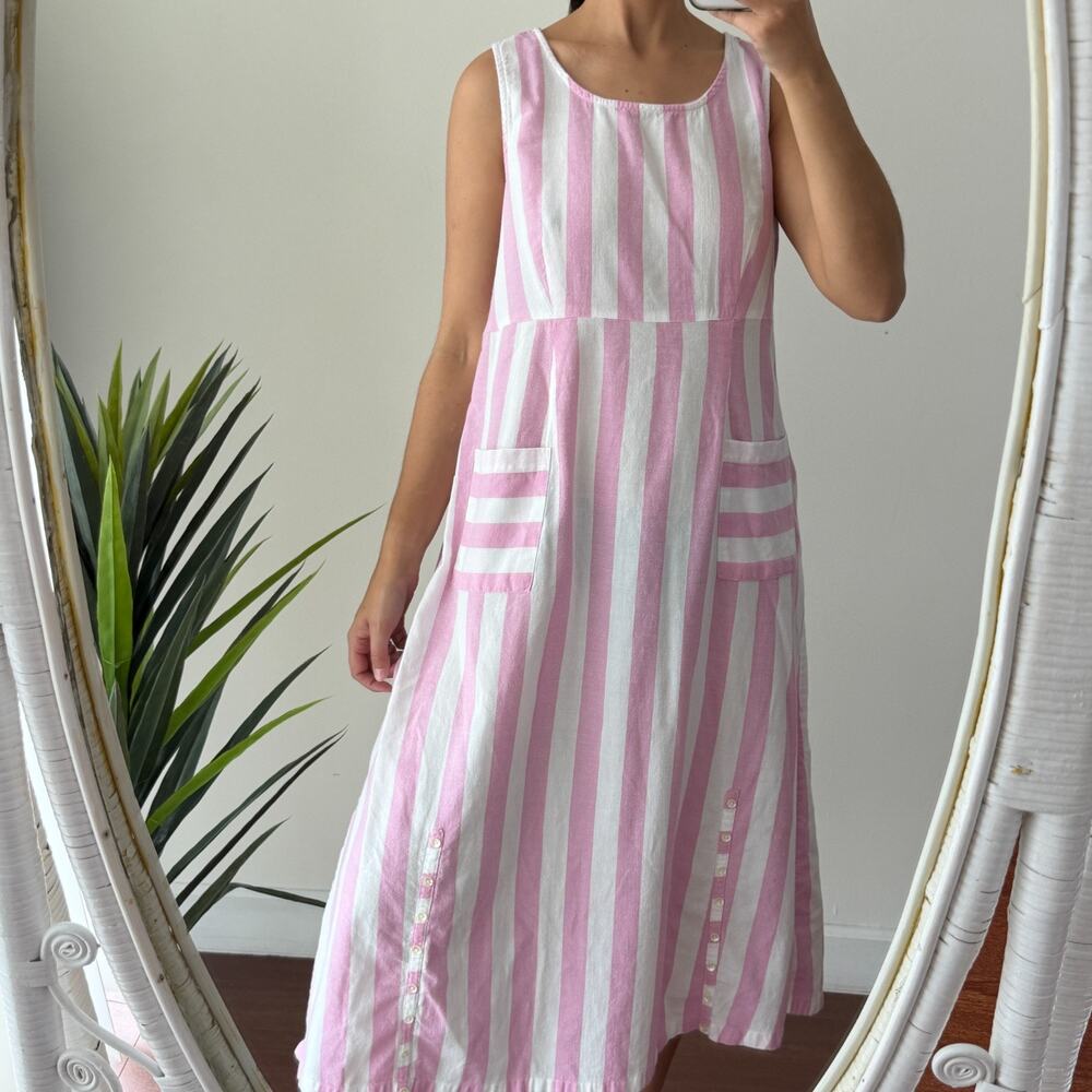 April‎ Cornell Dress Medium Pink White Striped Cotton Midi Resort Coastal Picnic